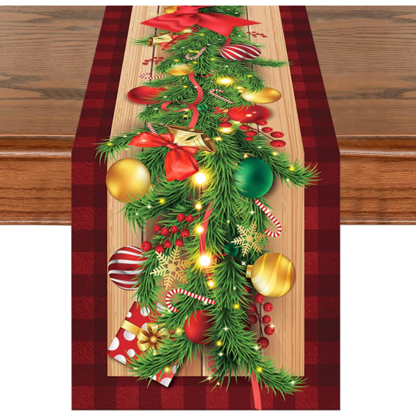 Christmas Table, 13" x 72", Red and Red Berries Design, Black, Re