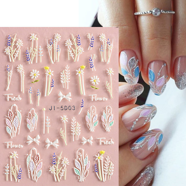 5D prægede blomsterblade Nail Art Stickers 10 ark 5 stilarter
