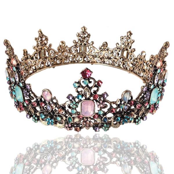 Färgglad barock krona strass kristall rund krona vintage bronslegering tiara för bröllop cosplay födelsedag