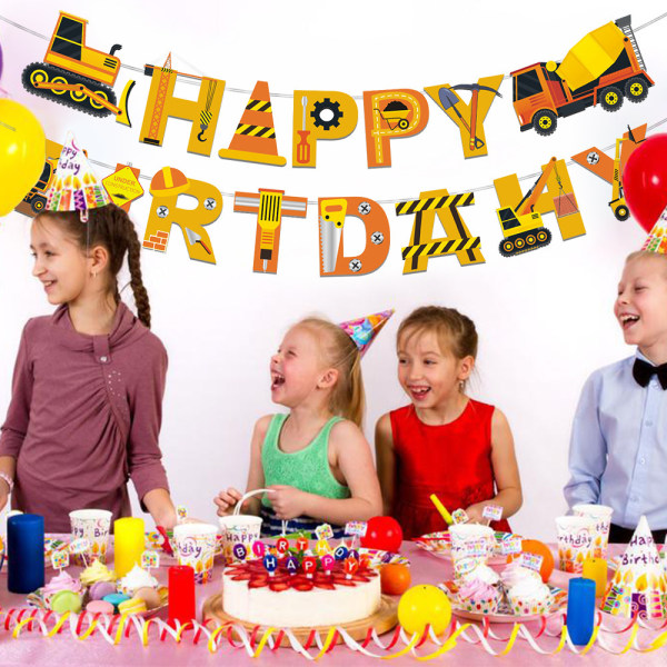Dinosaurie ingenjörsfordon, brandbil HAPPY BIRTHDAY Banner -