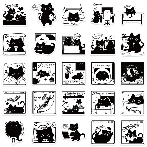 50 små svarte kattelivsnotater enkle kattegraffitiklistremerker mobil
