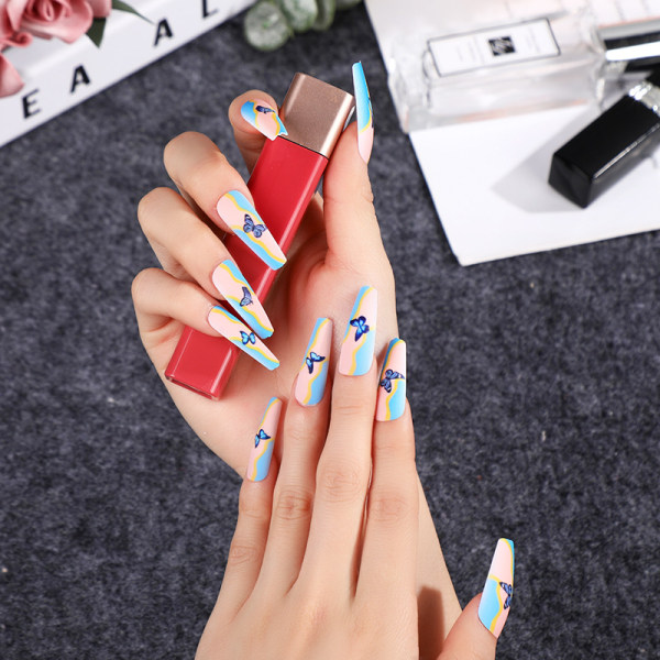 24 stk falske neglelapper Enkel gelélim Frosted Butterfly Mani