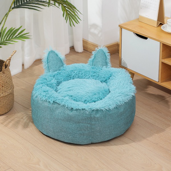 Husdjurskorg, mjuk kattsäng, rund hundsäng, plysch säng storlek 45 cm, husdjurssäng för att sova och vila på vintern (blå)