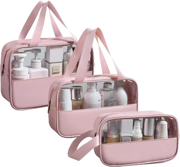 (Rosa) 3-delad transparent necessär, vattentät PVC-necessär