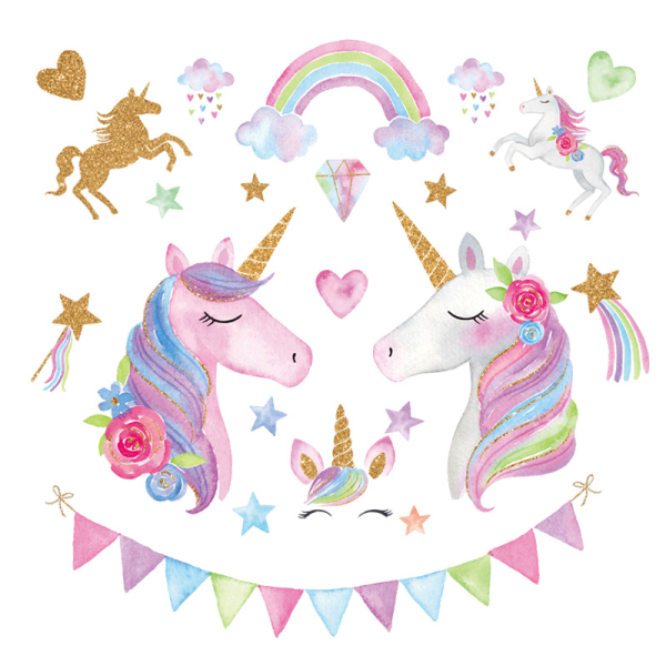 To unicorn wallstickers - aftageligt unicorn sticker med hjerte
