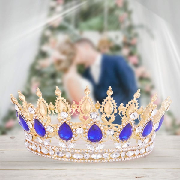 Kronor för kvinnor, Vintage Gold Baroque Queen Tiara, Sapphire Blue