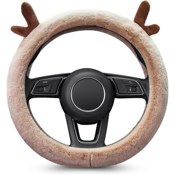 D-formad hjortgevir bilrattskydd tjock plysch vinter varm mode söt flicka andningsbar halkfri bilrattskydd 38cm (15\") (Brun)