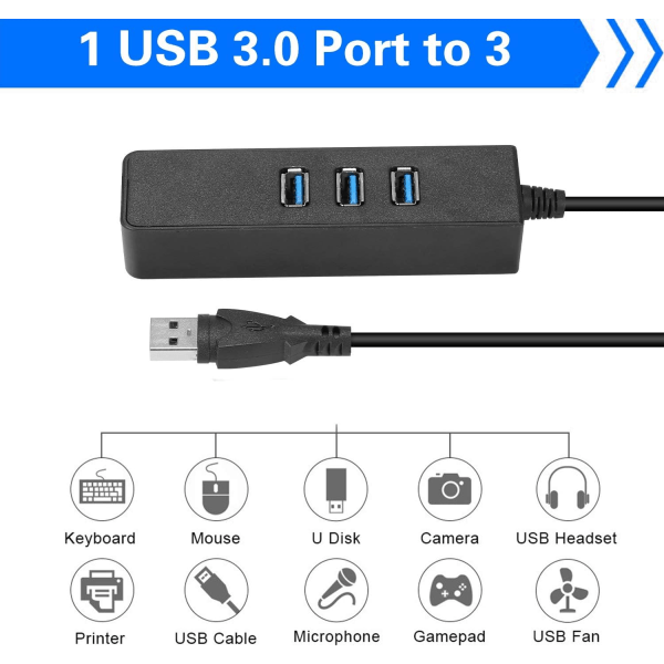 3-porters USB 3.0 HUB til RJ45 Gigabit Ethernet 10/100/1000 Mbit USB