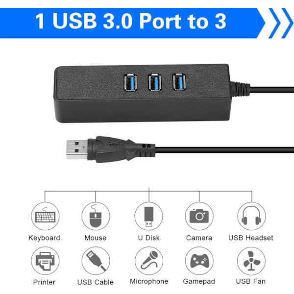 3-porttinen USB 3.0 -keskitin RJ45 Gigabit Ethernetiin 10/100/1000 Mbit USB