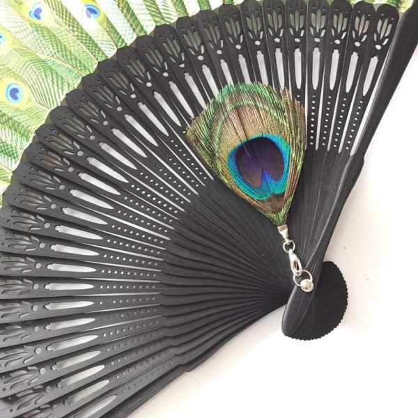 Black Peacock Silk Bamboo Folding Fläkt, Inkludera en sidenpåse, Japan
