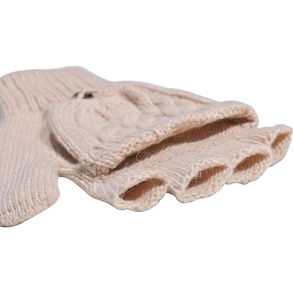 Dame Vinterhandsker Varme Uldstrikkede Konvertible Fingerløse Luffer（Beige）