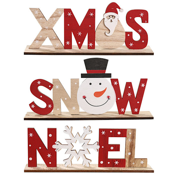 Juledekorasjon i tre med bokstaver, julemann, snømann, snø, julenisse, ornament, dekorasjon, familie, kontor, peisdekorasjon, 3 stk.