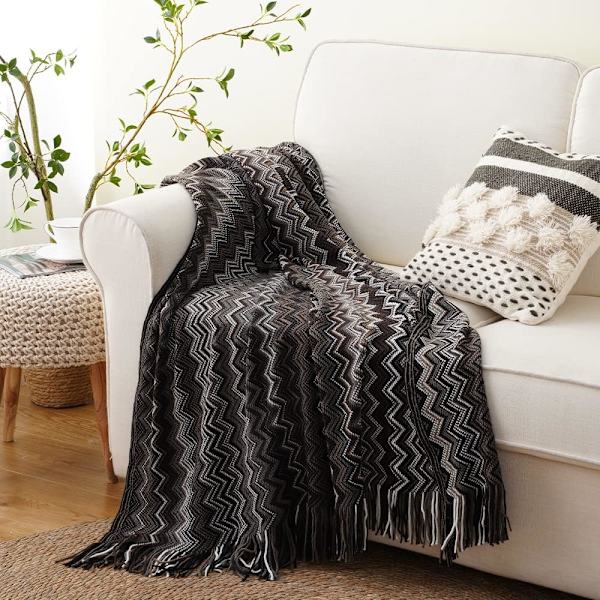 (Svart, 127 × 170 cm) Bohemian filt, svart stickad filt för