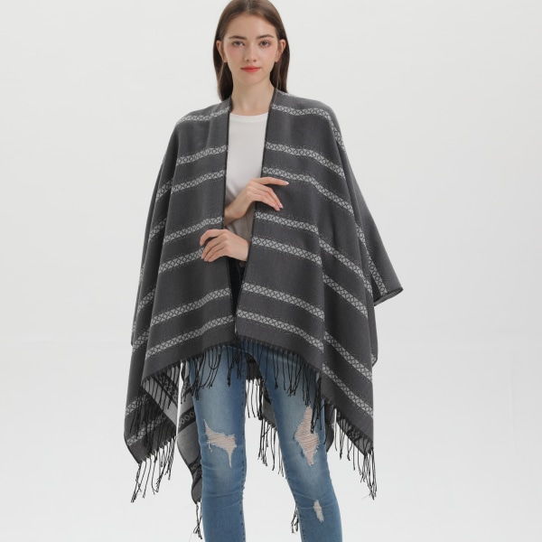 Grå høst- og vinterponcho for kvinner, åpen skjerf med lommer