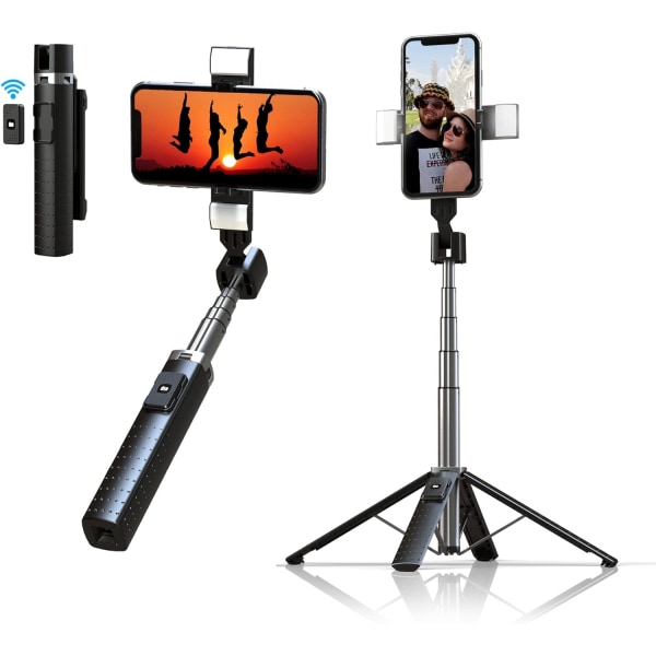Selfie Stick-stativ med fylllys, 40" uttrekkbar mobiltelefon Tri