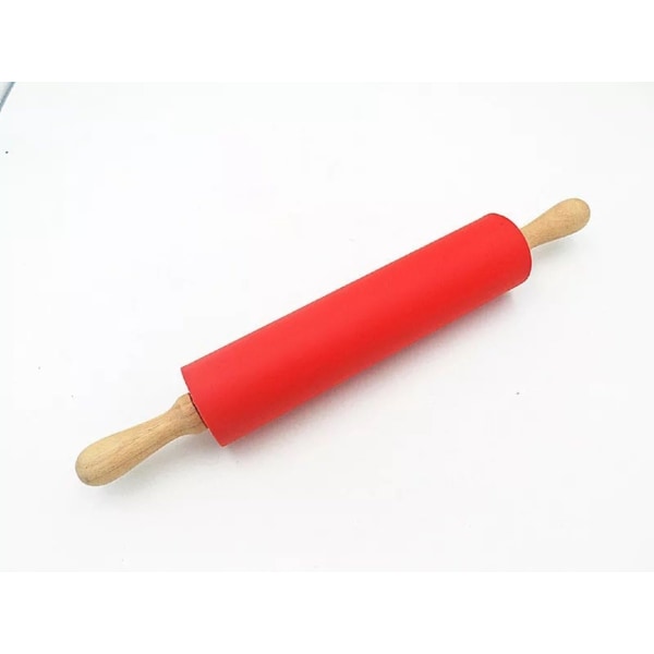 Silicone Rolling Pin Non-stick Surface Wooden Handle 4.3*30cm(Red