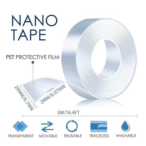 5M Sterk Nano Dobbeltsidig Klebende Tape (2cm*2mm), Sterk Stick