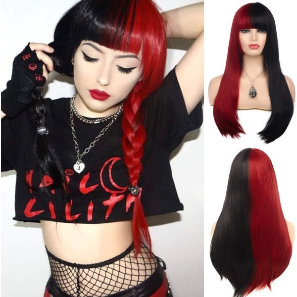 Perruque Femme Moitié Rouge&Noir Longue Perruque de Cheveux Raide