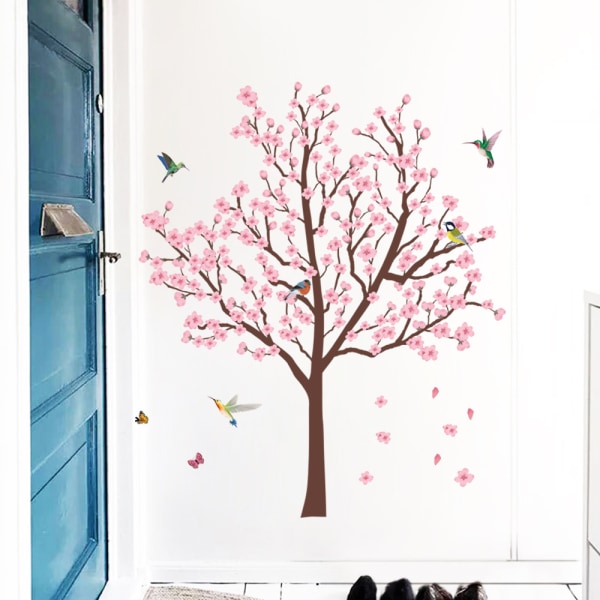 Pink Cherry Blossom Tree -seinätarra lintu- ja oksaseinätarra