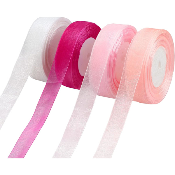 4 rullar transparent chiffongband presentband lämplig för alla hjärtans dag, bröllop och födelsedagsbuketter (4 stycken blandade färger)