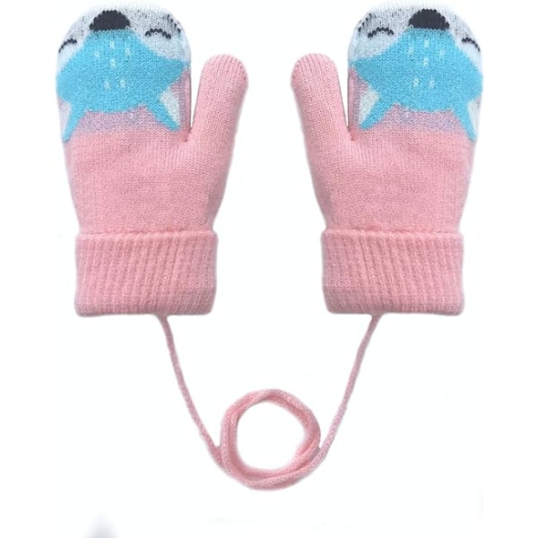 Småbarn Barn varme tykke strikkede fingerløse hansker med snor for 1-3 år barn (rosa)