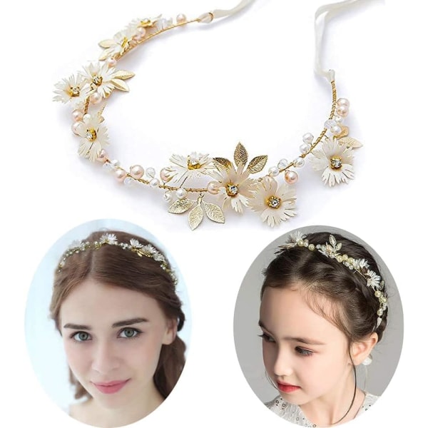 Flower Hair Crown, Headband Flower Crown Daisy Wedding Hair Accessories Golden Beads Crystal with Ribbon Accessories, Wedding Hair Accessory 1pc