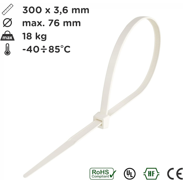 Kaapelinippuside 300mm x 3.6mm, Kaapelinippuside, Rilsan Nylon Kaapelinippusiteet, Cabl