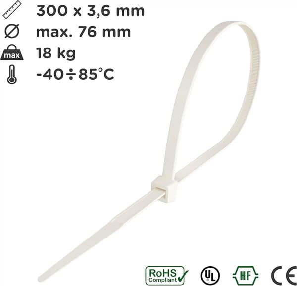 Kabelbindare 300mm x 3.6mm, Kabelbindare, Rilsan Nylon Kabelbindare, Cabl