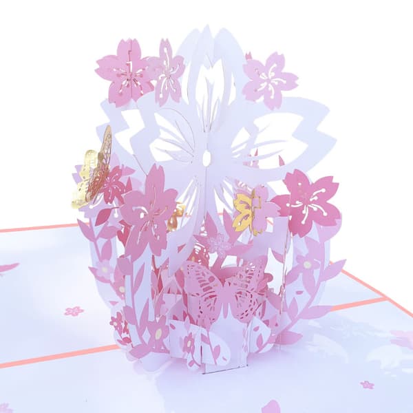 Lyserøde sommerfugle romantiske kort, sommerfugle blomsterkurve 3D hilsen