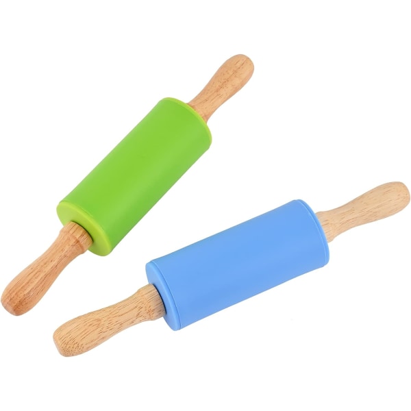 Mini silikon kjevle for barn, non-stick overflate trehåndtak, 9-tommers 2 pakke