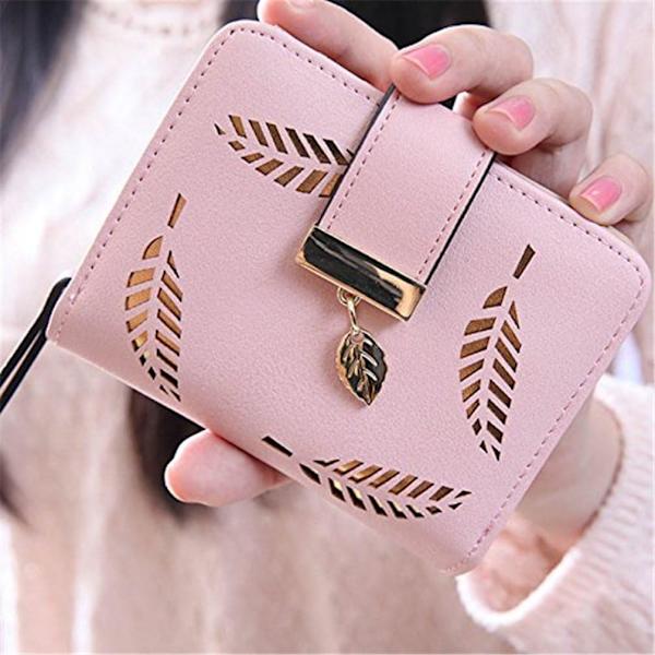 Kort pung, damepung, pung med udskårne blade og lynlås, pink