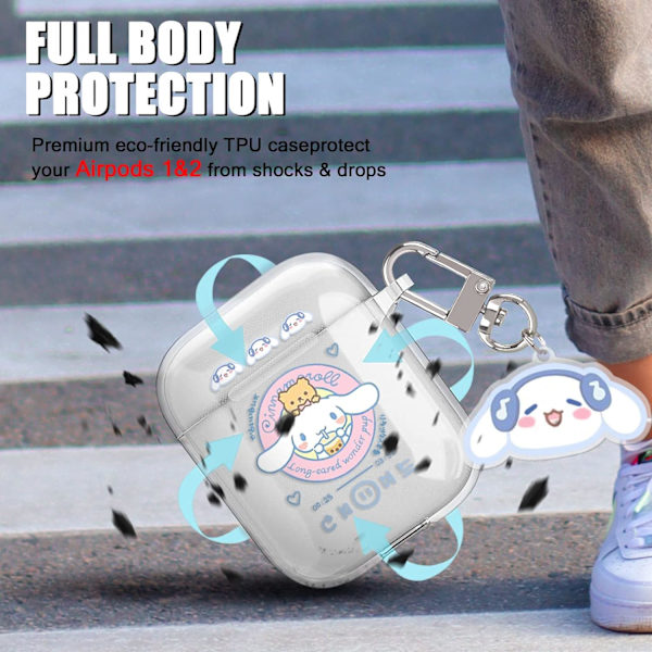 Airpods 2/1 Etui, Søde Store Ører Blå Prik med Sjovt Kawaii Keychai