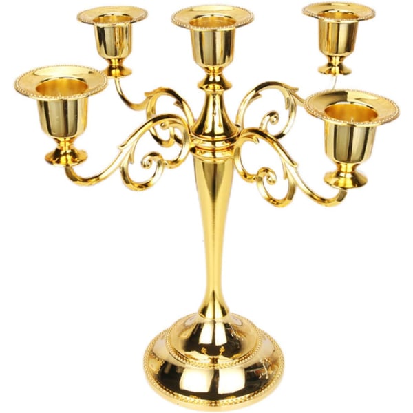 Lysestake 5-arms europeisk stil metalllysestake Bryllupskandelabre til jul Bursdagsgave Home Decor (gull)