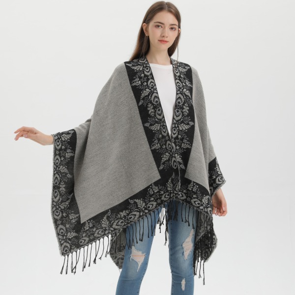 Grå Sjal Damemote Gate Jacquard Split Varm Frakk Utendørs