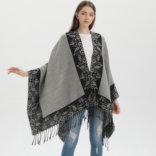 Grå sjal dammode street jacquard delad varm kappa utomhus