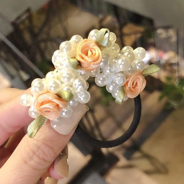 2 stk Perle Blomster Hårbøyle Gulltråd Høy Elastisk Hårstrikksnor