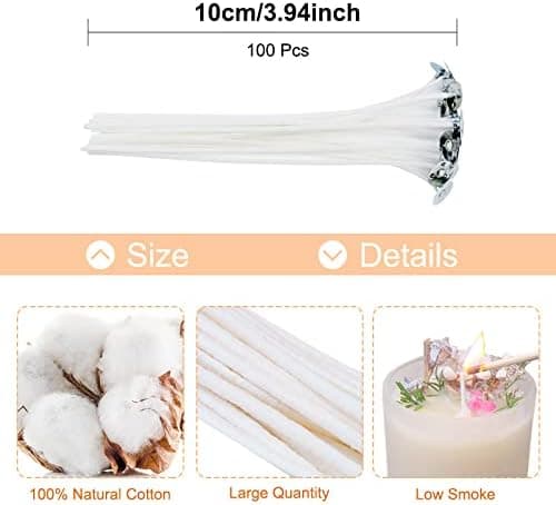 100 stk bomullsveker for DIY stearinlys (10 cm/4 tommer)