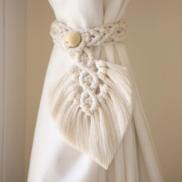 4 stk. gardinbindere, hvide gardinbindere i landlig stil til Boho-gardiner