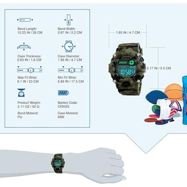 Digitala barnklockor, pojkar sport militärklocka med alarm/timer