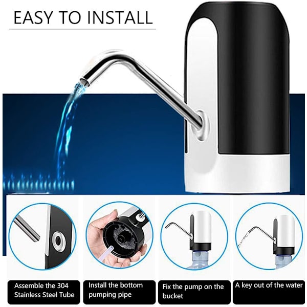 Vattenflaskpump 5 Gallon Vattenflaskedispenser med USB-laddning Automatisk pump för utomhus eller kök (Svart)