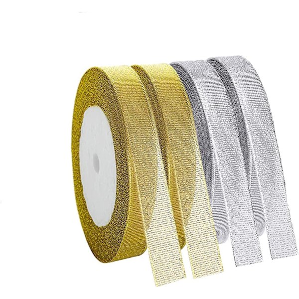 Organza-nauhat jouluun, kiitospäivään, askartelulahjaan 1cm*22m 4kpl（Kulta+Hopea）