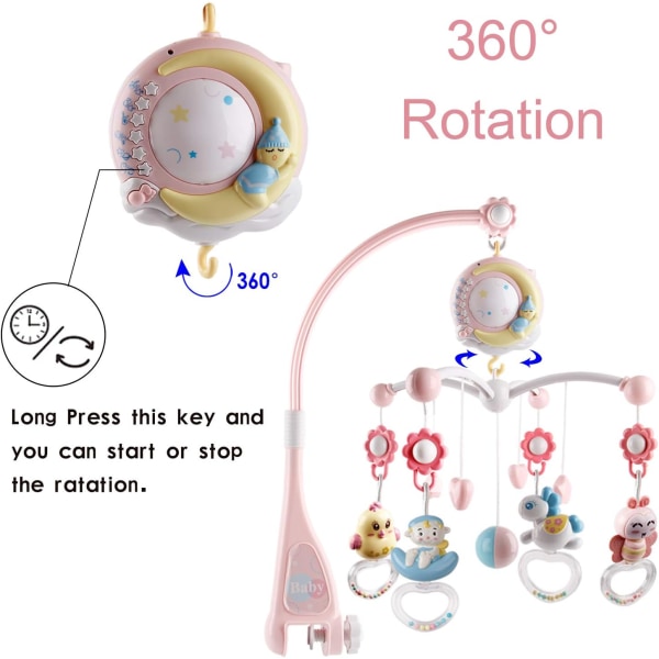 (Rosa) Baby Mobile Vugge med Timer Funksjon, Projektor og Lys