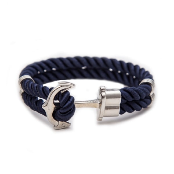 Handgjord läderarmband Mörkblå Rep Ankare i Silver silver