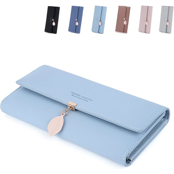 Damplånbok, lång plånbok, multifunktionell plånbok, läderplånbok med tryckknapp, ljusblå