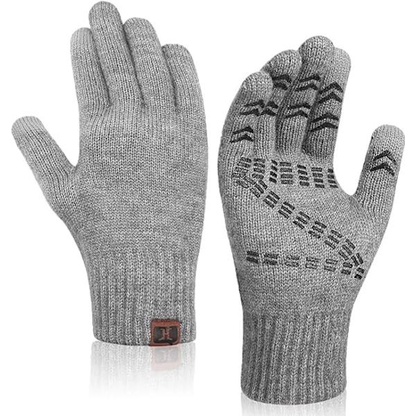 Talviset kosketusnäytölliset neulotut hanskat, miesten 24 cm lämpimät tekniset hanskat kahvalla unisex-lämpövillavuorella (harmaa)