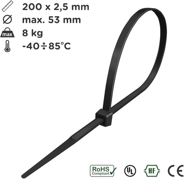 200mm x 2,5mm Kabelbinder, Kabelbinder, Rilsan Nylon Kabelbindere, 200m
