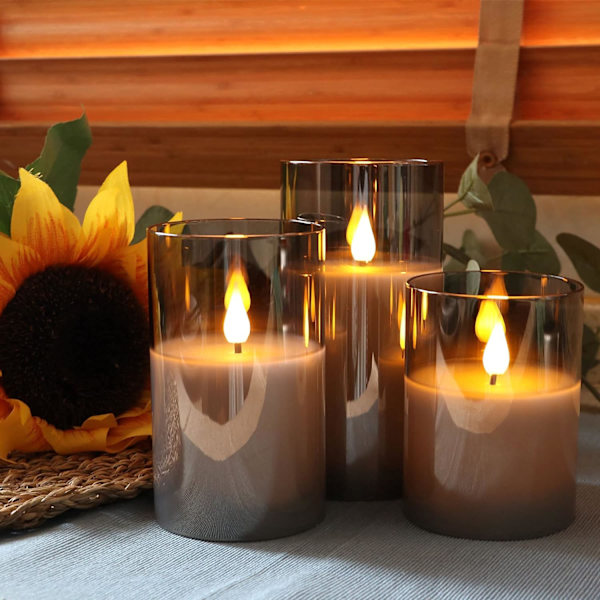 Sæt med 3 LED-stearinlys i glas med fjernbetjening, søjlelys til