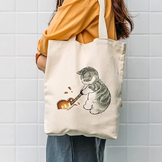 1 st tryckt gitarr Breaking Cat Eco Tote Bag, canvas tote bag för
