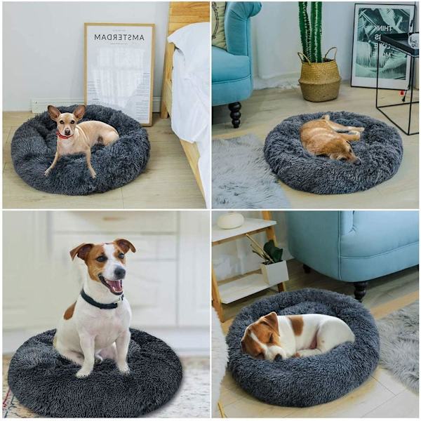 Rund hundekurv kattepute donut plys ekstra blød komfortabel katteseng vaskbar hundepude til katte og små hunde 40cm (mørkegrå)