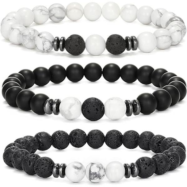 Pärlarmband för män kvinnor matt naturliga lavasten vulkanisk sten stretch armband 3PCS vulkanisk sten energi armband (vit)